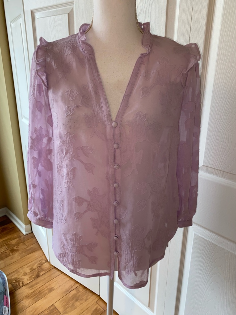 Maeve Anthropologie Sheer Lilac Floral Ruffle-Trim Blouse.